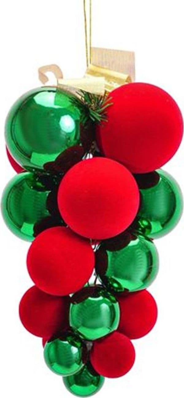 DECORAZIONE NATALIZIA FORMA DI GRAPPOLO PALLINE DI NATALE FLOCCATE LUCIDE ADDOBBO 20X30CM - 7