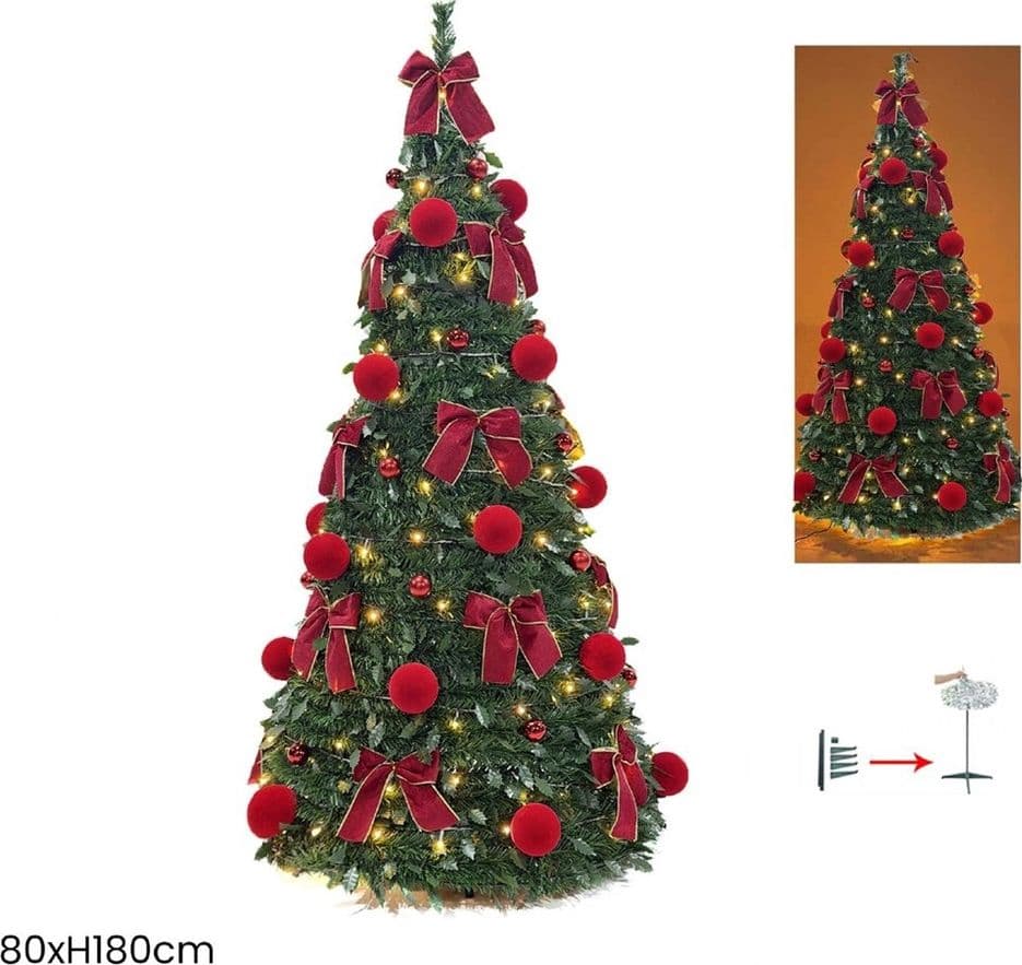 ALBERO DI NATALE PIEGHEVOLE TELESCOPICO 180CM CON PALLINE FLOCCATE FIOCCHI 200 LUCI 641192 - 3