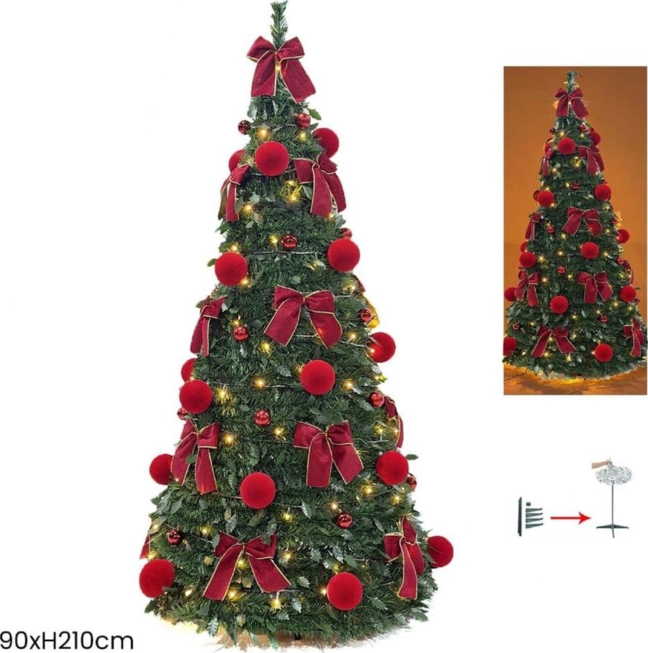 ALBERO DI NATALE PIEGHEVOLE TELESCOPICO 210CM CON PALLINE FLOCCATE FIOCCHI 300 LUCI 641193 - 3