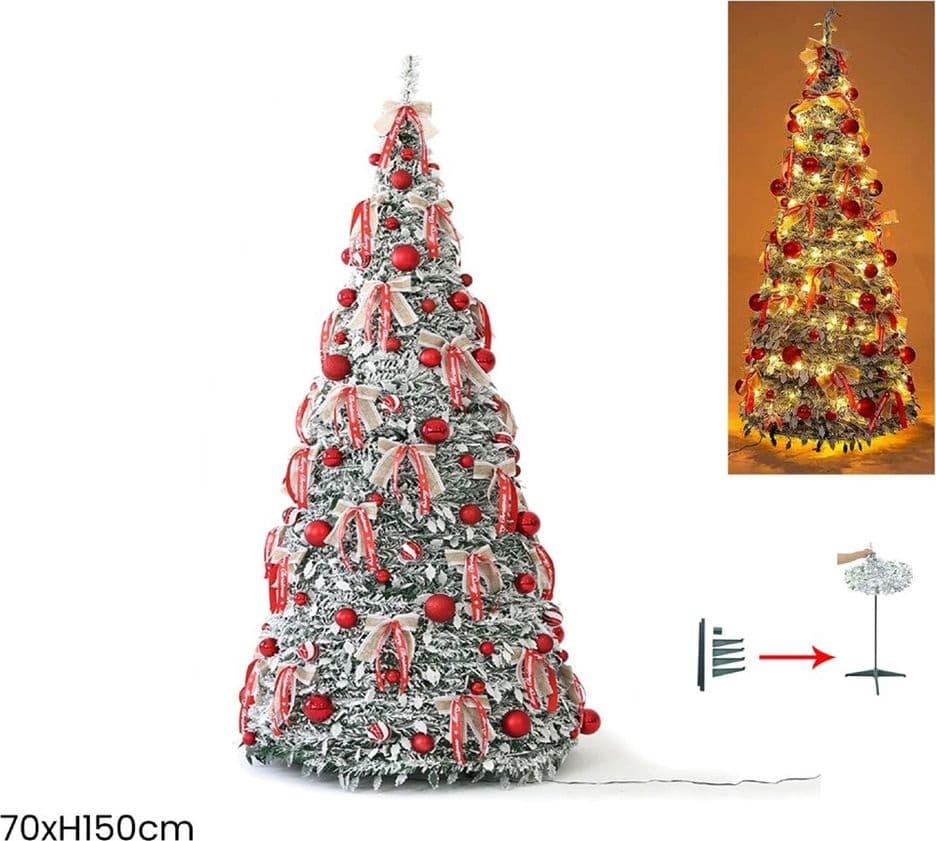 ALBERO DI NATALE INNEVATO RETRATTILE PIEGHEVOLE 150CM CON 150 LUCI DECORAZIONI CASA 641182 - 2