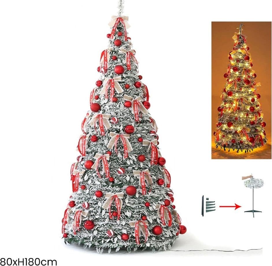 ALBERO DI NATALE INNEVATO RETRATTILE PIEGHEVOLE 180CM CON 200 LUCI DECORAZIONI CASA 641183 - 2