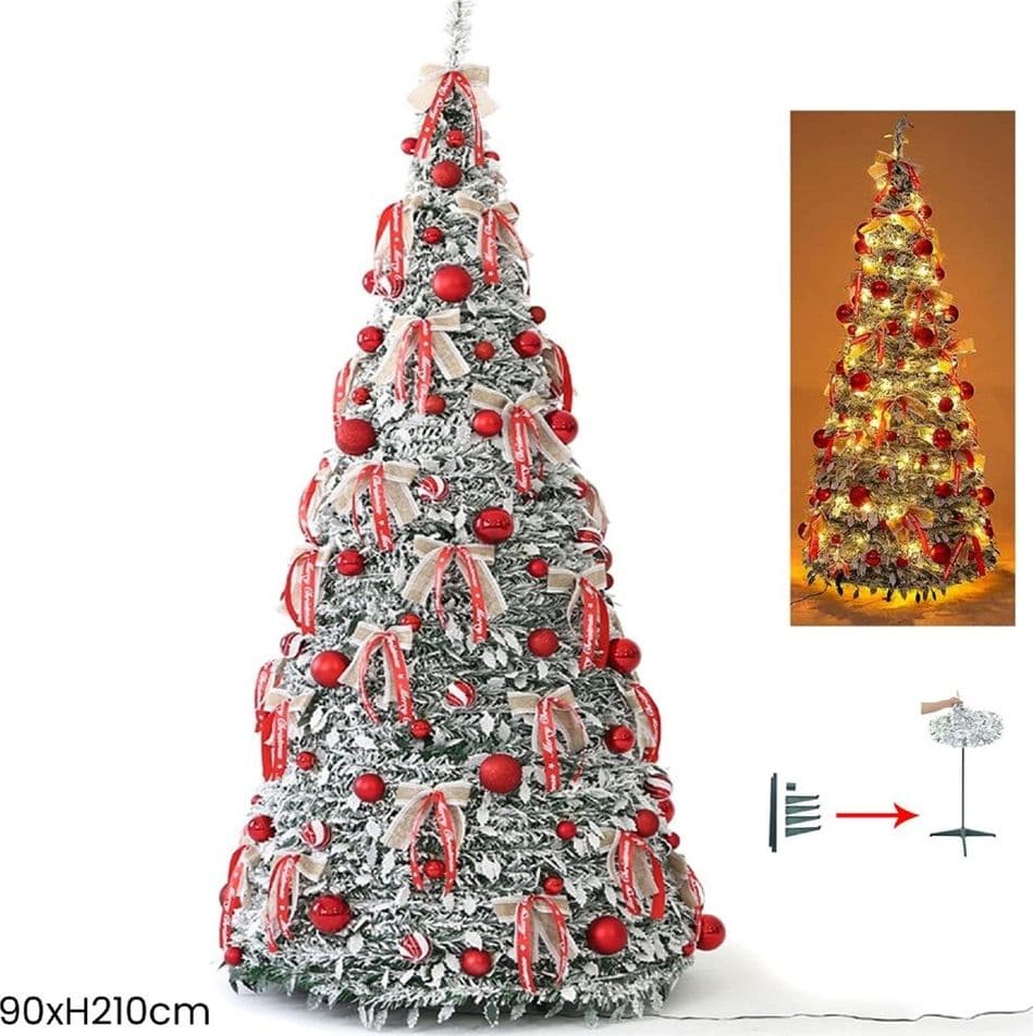 ALBERO DI NATALE INNEVATO RETRATTILE PIEGHEVOLE 210CM CON 300 LUCI DECORAZIONI CASA 641184 - 2