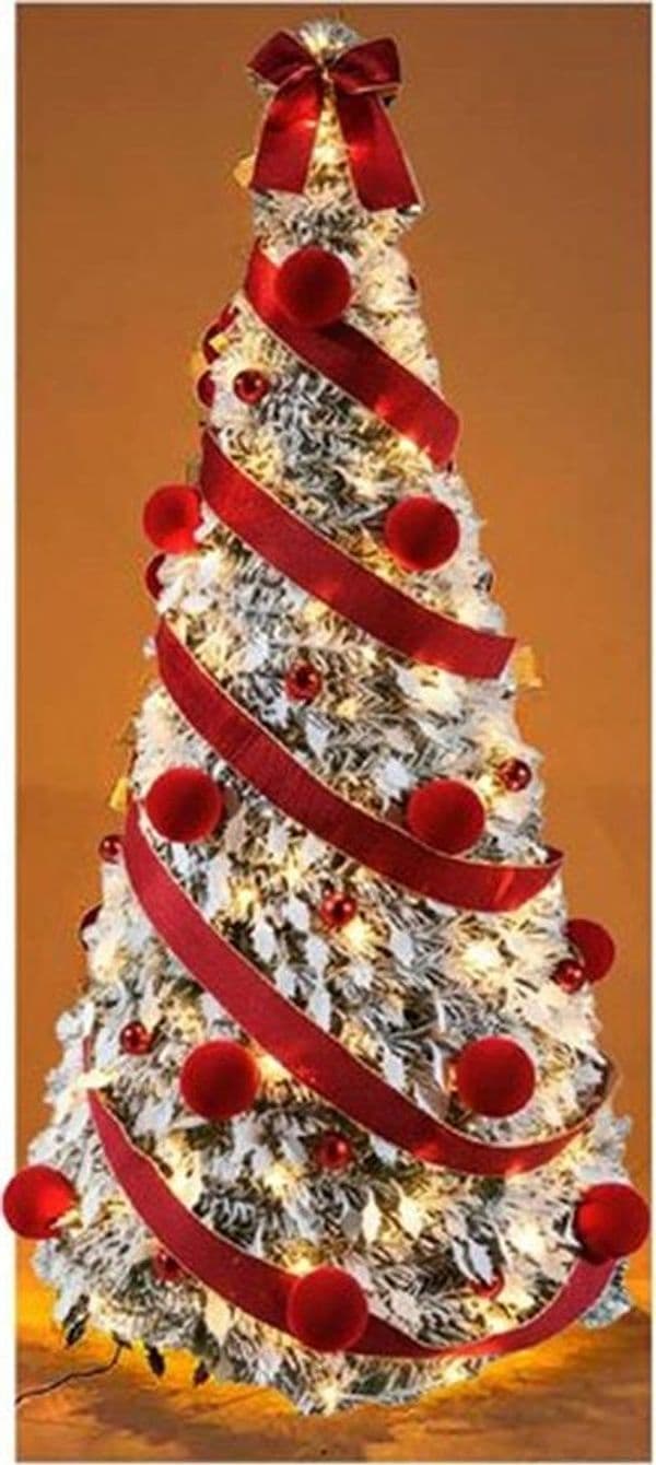 ALBERO NATALE PIEGHEVOLE TELESCOPICO 180CM INNEVATO PALLINE NASTRO VELLUTO 200 LUCI 641189 - 2