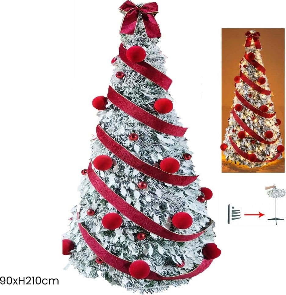 ALBERO NATALE PIEGHEVOLE TELESCOPICO 210CM INNEVATO PALLINE NASTRO VELLUTO 300 LUCI 641190 - 2