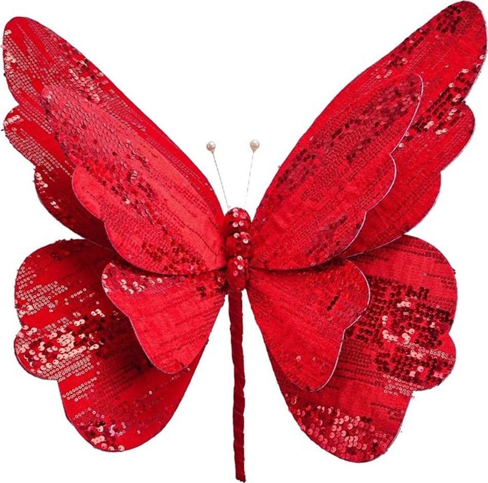 RAMETTO DECORATIVO NATALIZIO A FARFALLA IN VELLUTO CON PAILLETTES MEDIO ORNAMENTO FESTE - 2