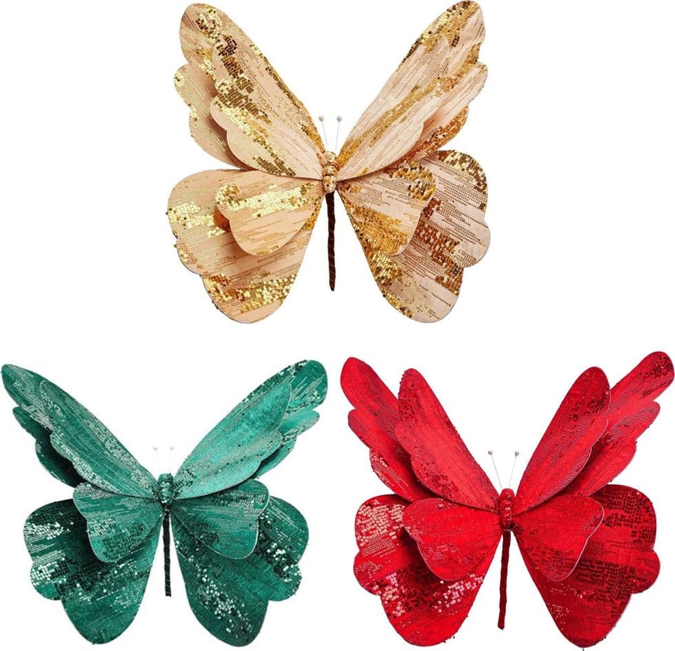 RAMETTO DECORATIVO NATALIZIO A FARFALLA IN VELLUTO CON PAILLETTES GRANDE ORNAMENTO FESTE - 1