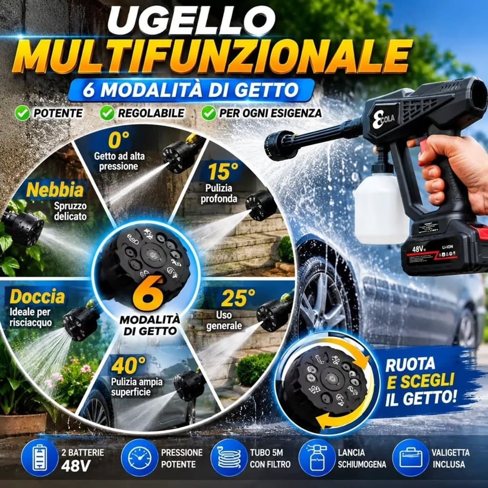 IDROPULITRICE PORTATILE PISTOLA CON UGELLO MULTIFUNZIONE 6 IN 1 BATTERIA 48 V VALIGETTA - 4