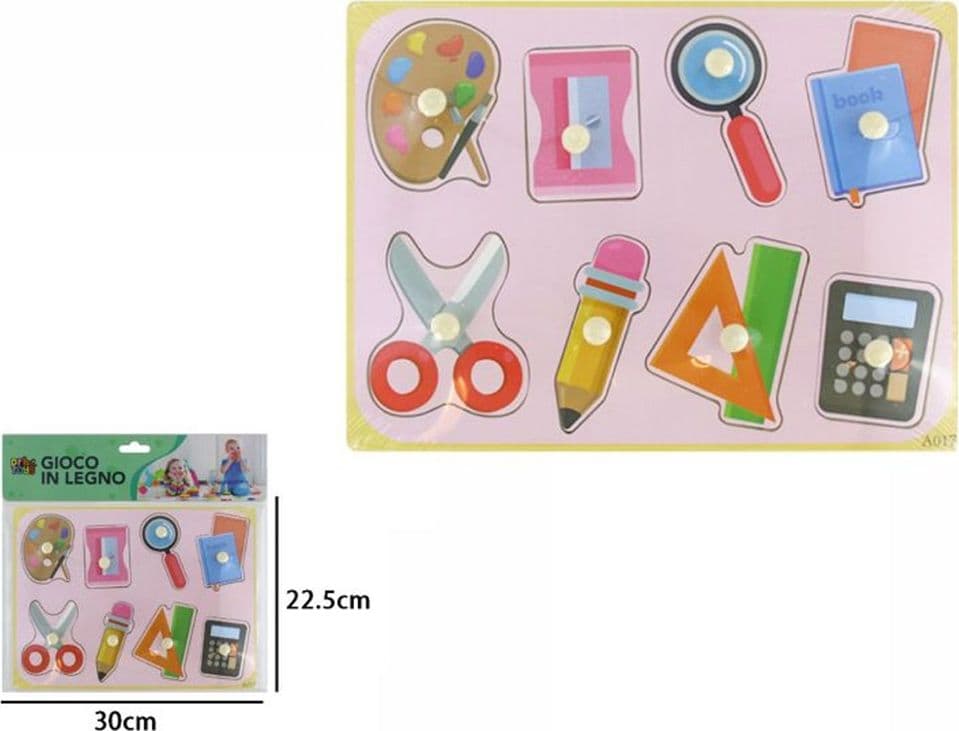 PUZZLE A INCASTRO TEMA CANCELLERIA GIOCO EDUCATIVO IN LEGNO PER BAMBINI CON POMELLI 07530 - 2