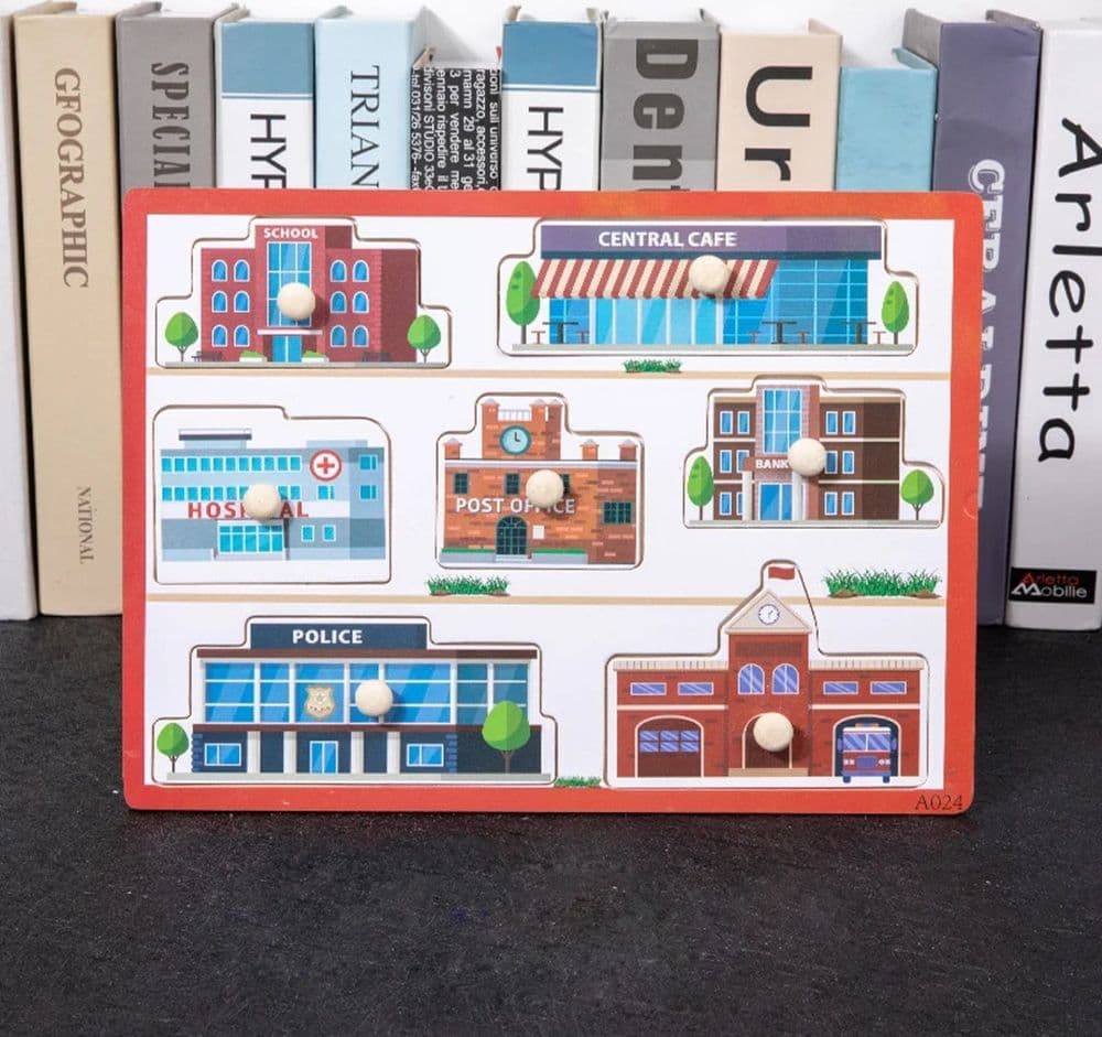 PUZZLE A INCASTRO TEMA EDILIZIA GIOCO EDUCATIVO IN LEGNO PER BAMBINI CON POMELLI 07532 - 3