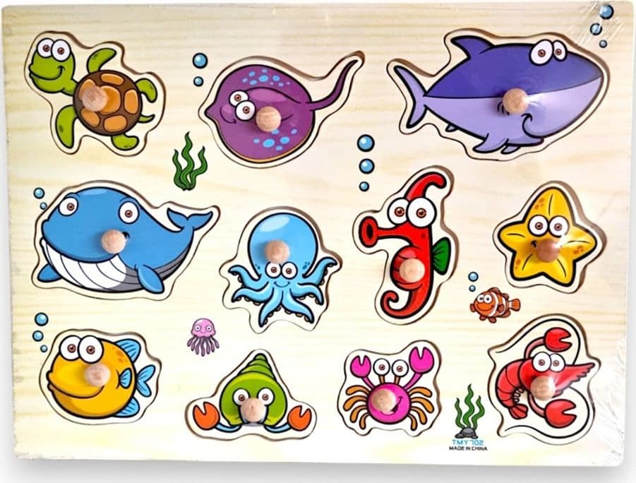 PUZZLE A INCASTRO TEMA ANIMALI OCEANO GIOCO EDUCATIVO LEGNO PER BAMBINI CON POMELLI 07537 - 3