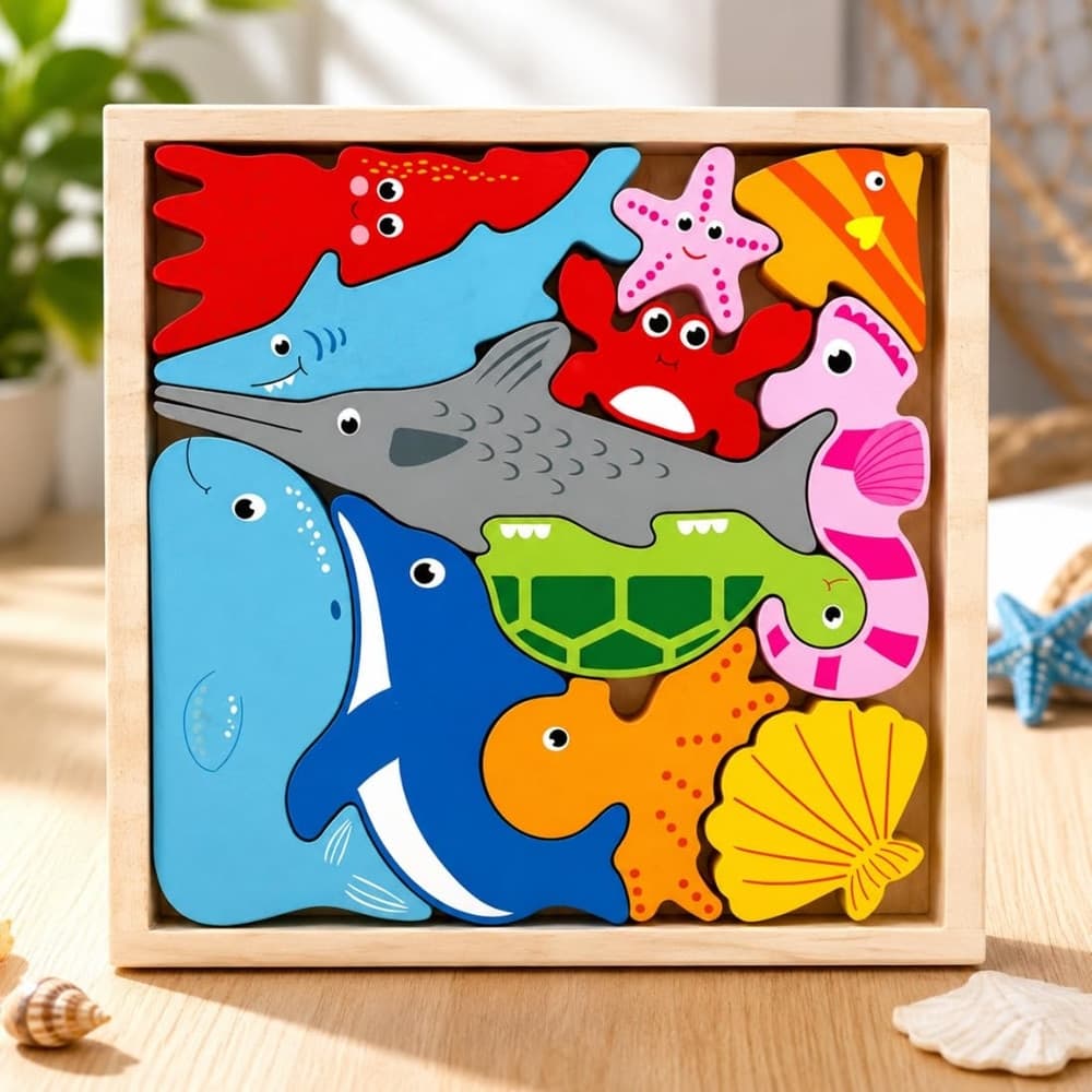 PUZZLE 3D A INCASTRO IN LEGNO FORMA ANIMALI MARINI PER BAMBINI GIOCO EDUCATIVO 07936 - 3