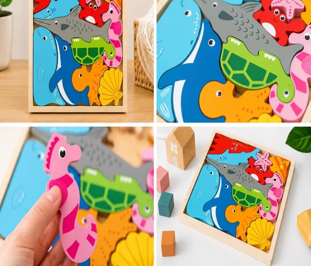 PUZZLE 3D A INCASTRO IN LEGNO FORMA ANIMALI MARINI PER BAMBINI GIOCO EDUCATIVO 07936 - 4