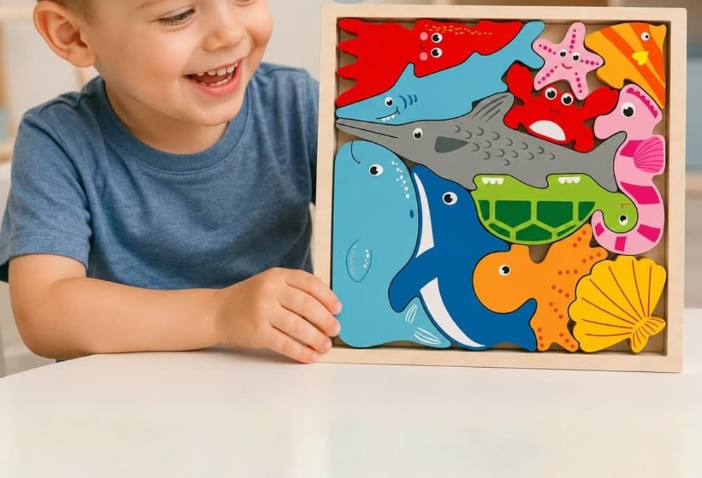 PUZZLE 3D A INCASTRO IN LEGNO FORMA ANIMALI MARINI PER BAMBINI GIOCO EDUCATIVO 07936 - 6