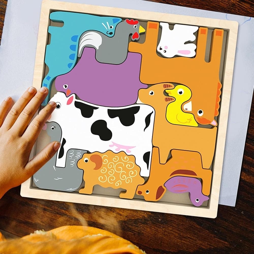 PUZZLE 3D A INCASTRO IN LEGNO FORMA ANIMALI FATTORIA PER BAMBINI GIOCO EDUCATIVO 07938 - 4