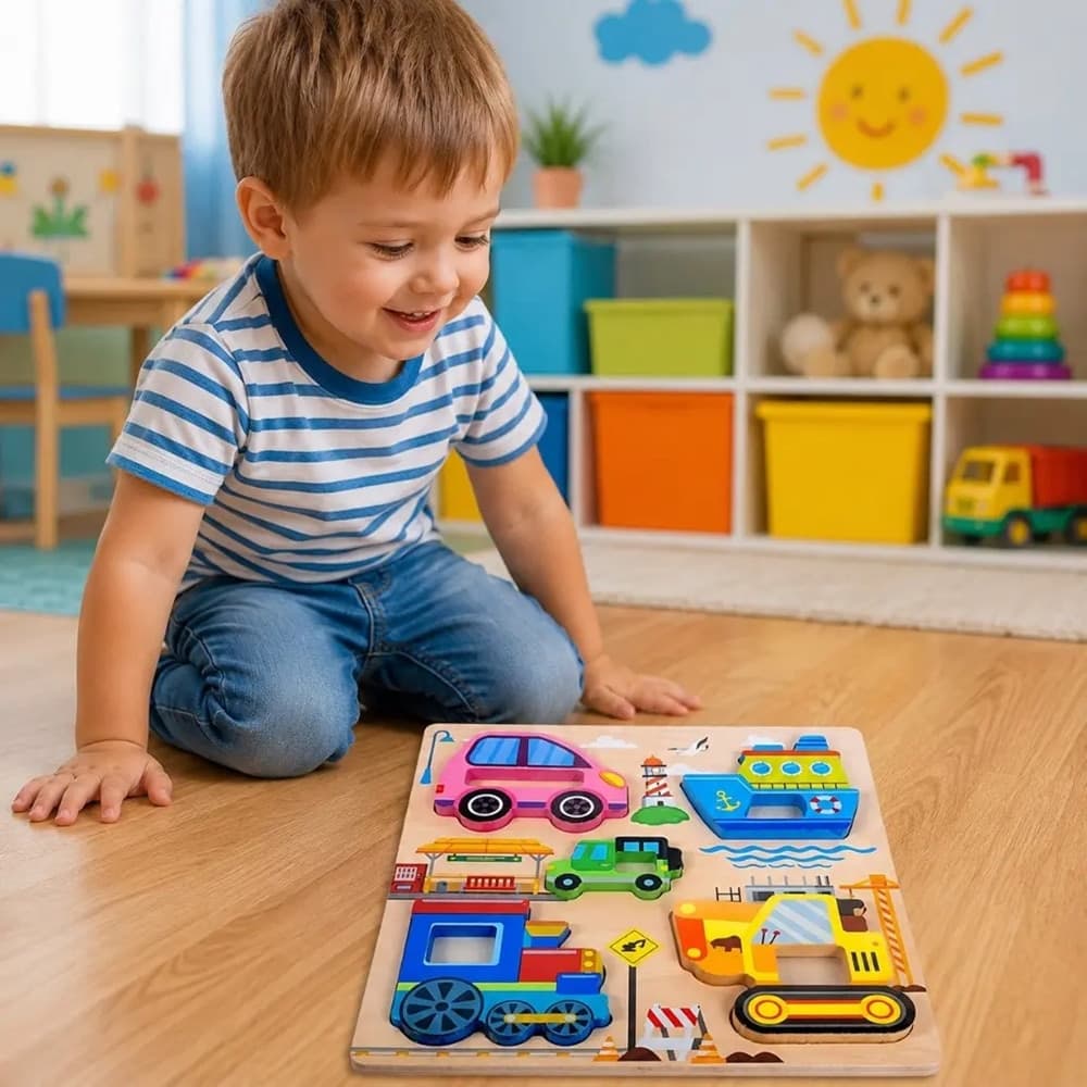 PUZZLE A INCASTRO TEMA MEZZI TRASPORTO GIOCO LEGNO PER BAMBINI EDUCATIVO 2 MODELLI 32342 - 6