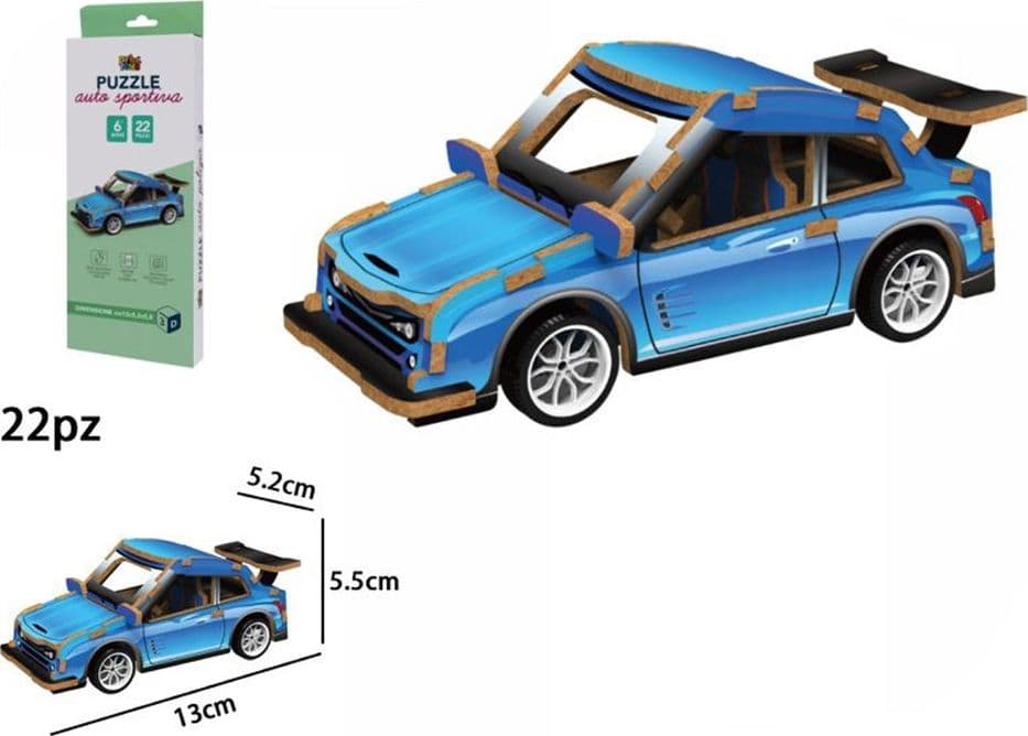 PUZZLE 3D MODELLINO GIOCATTOLO IN LEGNO 22PZ DA ASSEMBLARE MODELLO AUTO SPORTIVA BLU 32381 - 2