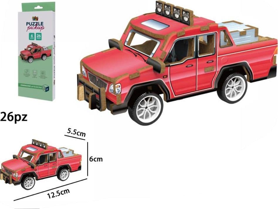 PUZZLE 3D MODELLINO GIOCATTOLO IN LEGNO 26PZ DA ASSEMBLARE MODELLO PICKUP ROSSO 32382 - 2