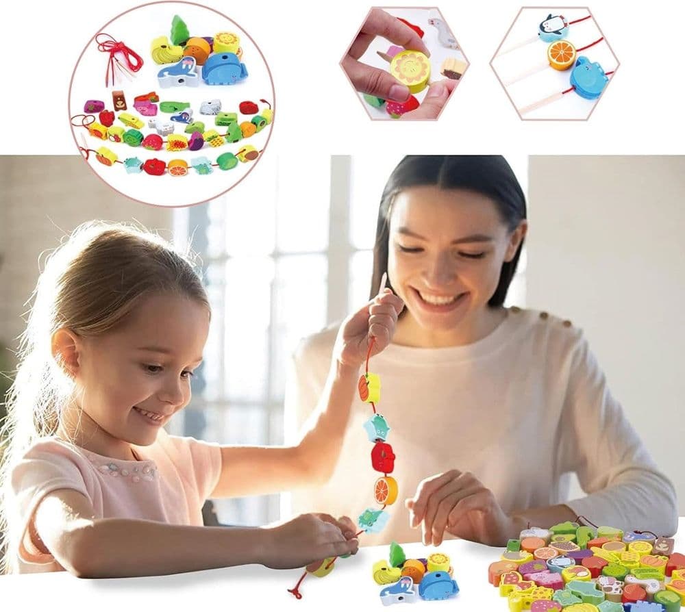 GIOCO PERLINE GIOCATTOLO IN LEGNO INFILATURA EDUCATIVO ABILITÀ MOTORIE BAMBINI 32352 - 3