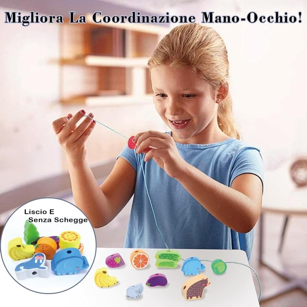 GIOCO PERLINE GIOCATTOLO IN LEGNO INFILATURA EDUCATIVO ABILITÀ MOTORIE BAMBINI 32352 - 4