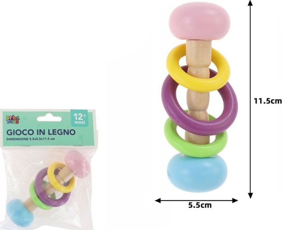 SONAGLIO A 3 ANELLI IN LEGNO COLORATO PER SVILUPPO SENSORIALE GIOCO PER NEONATI 32334 - 2