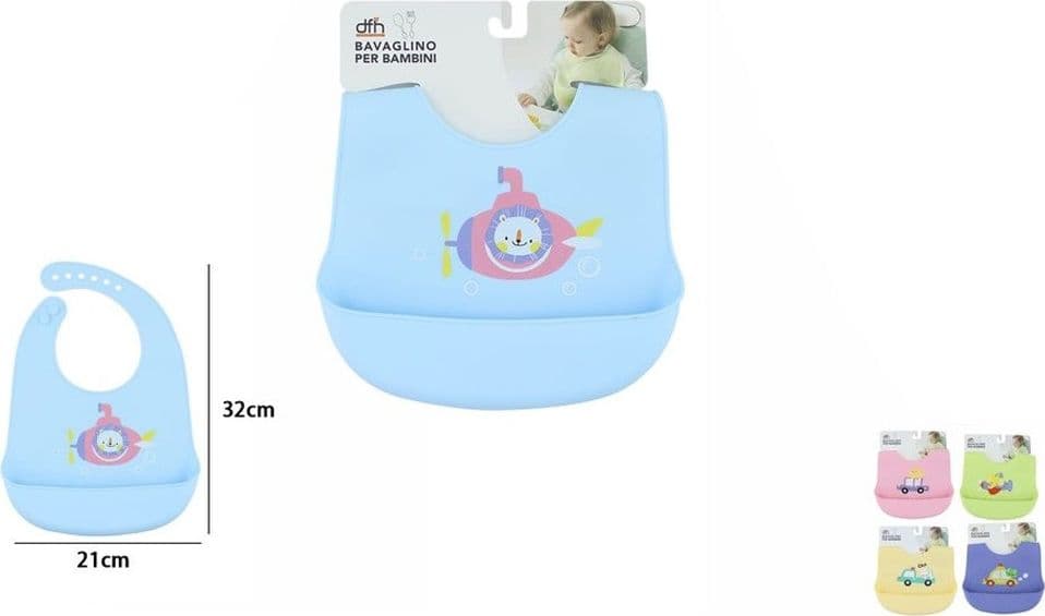 BAVAGLINO IN SILICONE PER NEONATI BAMBINI REGOLABILE CON TASCA TEMA VEICOLI ANIMALI 31224 - 2