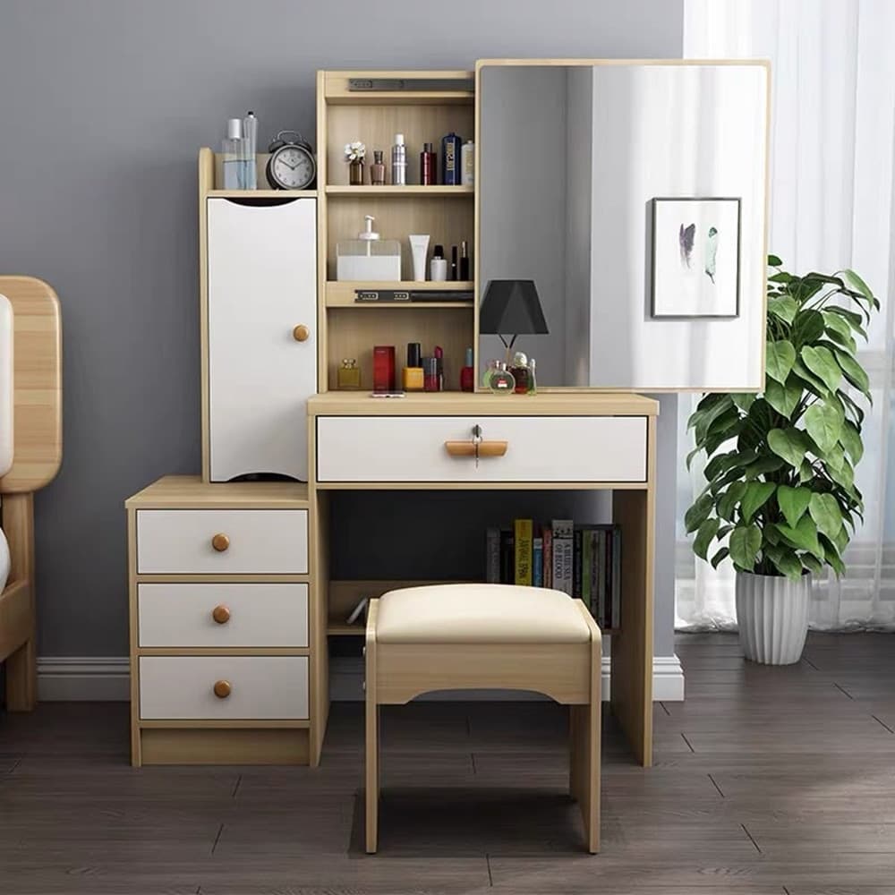 TOELETTA TAVOLO TRUCCO IN LEGNO MDF CON SPECCHIO SCORREVOLE SGABELLO ARMADIETTO CASSETTI - 2
