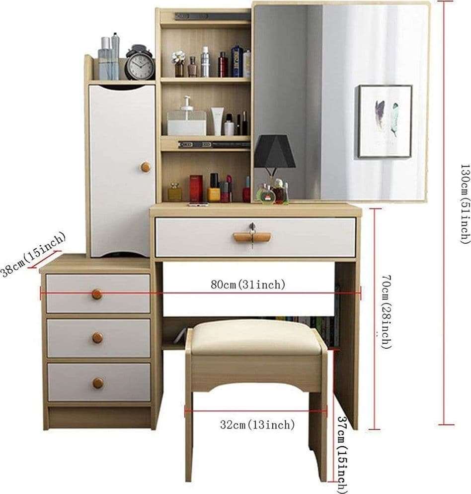 TOELETTA TAVOLO TRUCCO IN LEGNO MDF CON SPECCHIO SCORREVOLE SGABELLO ARMADIETTO CASSETTI - 3