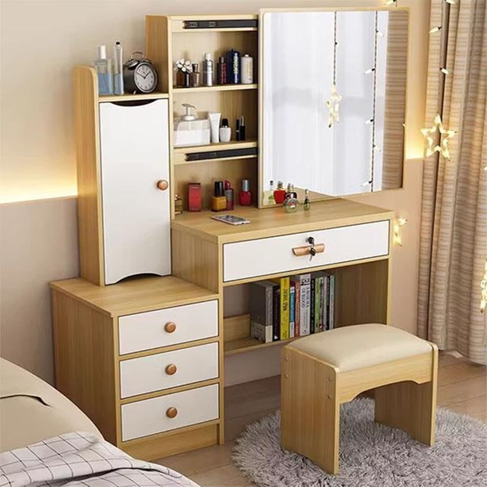 TOELETTA TAVOLO TRUCCO IN LEGNO MDF CON SPECCHIO SCORREVOLE SGABELLO ARMADIETTO CASSETTI - 4