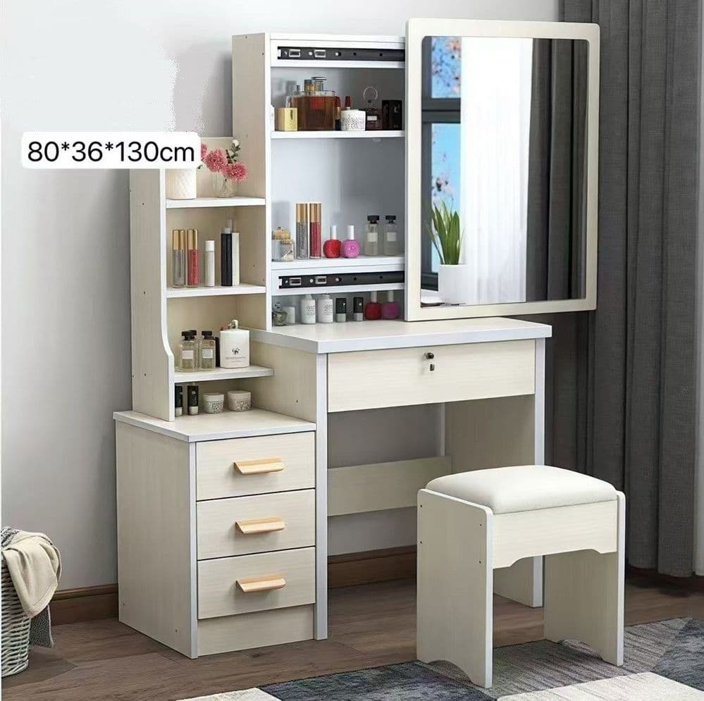 TOELETTA TAVOLO DA TRUCCO COSMETICI CON SPECCHIO SCORREVOLE CASSETTIERA MENSOLE SGABELLO - 2