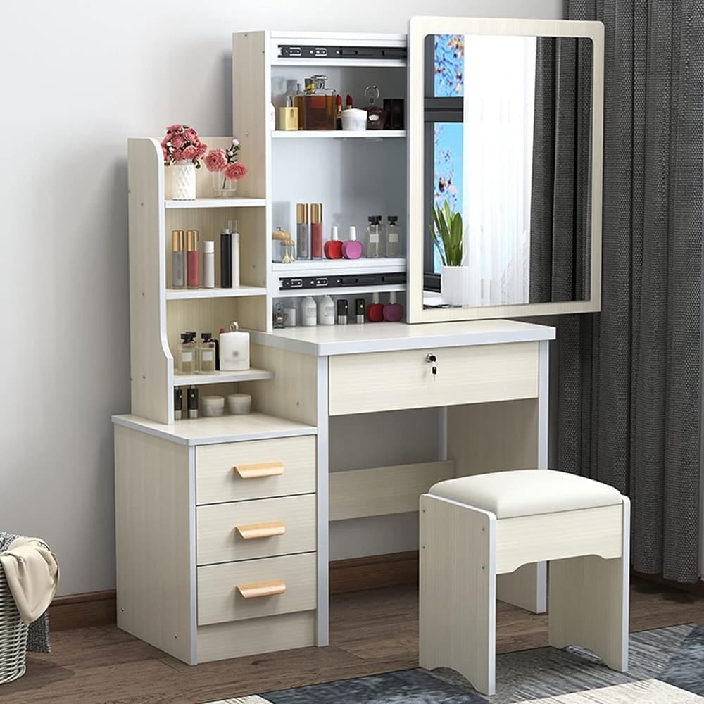TOELETTA TAVOLO DA TRUCCO COSMETICI CON SPECCHIO SCORREVOLE CASSETTIERA MENSOLE SGABELLO - 3