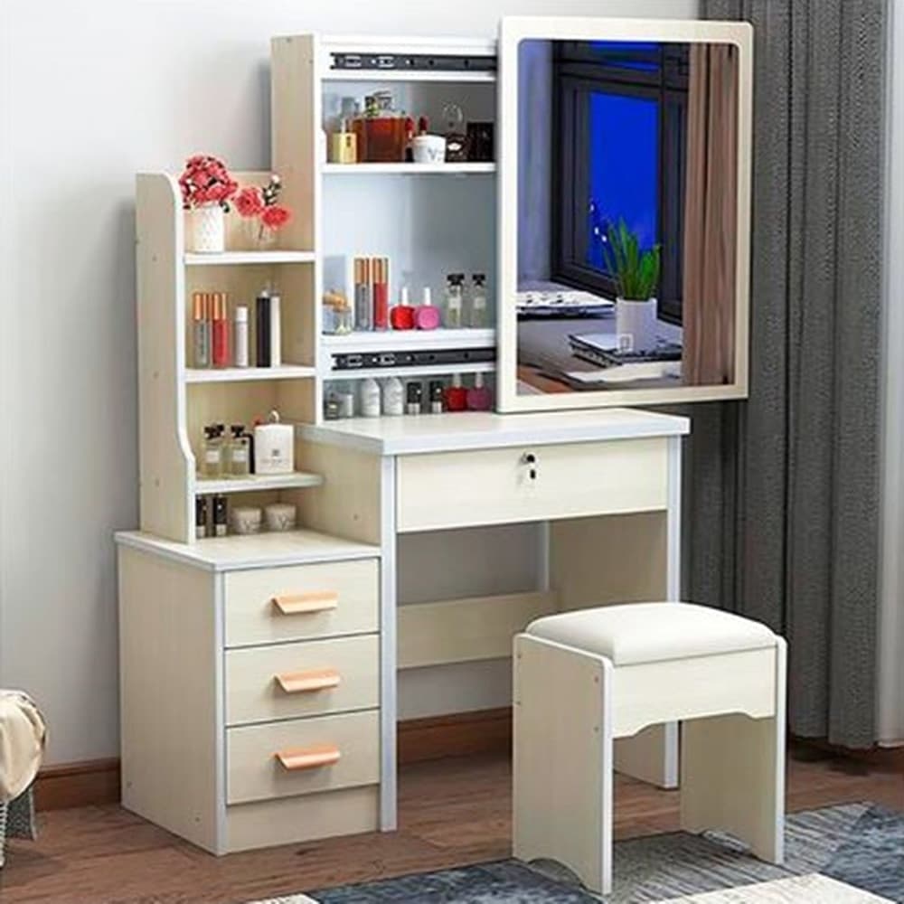 TOELETTA TAVOLO DA TRUCCO COSMETICI CON SPECCHIO SCORREVOLE CASSETTIERA MENSOLE SGABELLO - 5