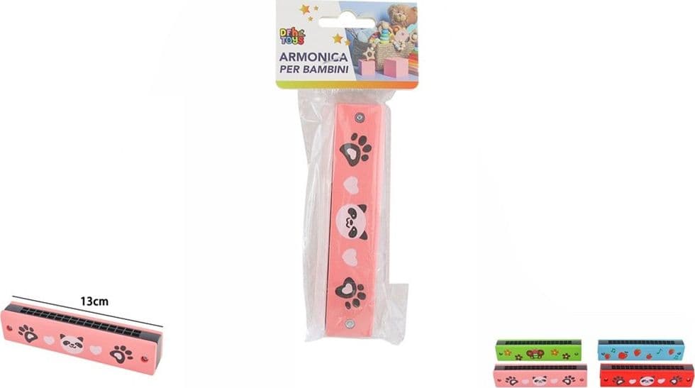 2PZ ARMONICA A BOCCA STRUMENTO MUSICALE IN LEGNO PER BAMBINI DA 13CM CON MOTIVO 74471 - 2