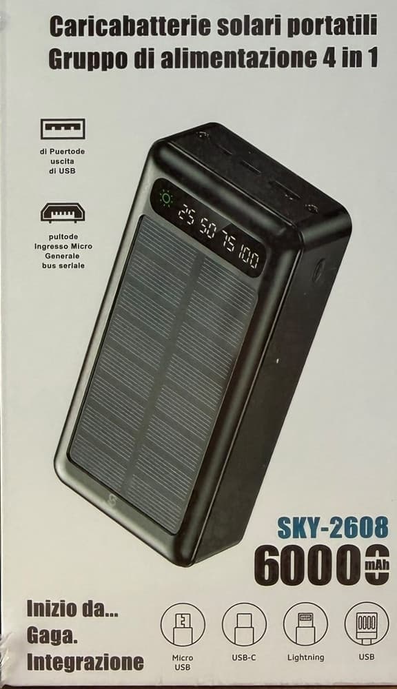 POWERBANK 4IN1 CARICABATTERIE SOLARE PORTATILE DISPLAY DIGITALE LED CAVI INTEGRATI SKY-2608 - 2
