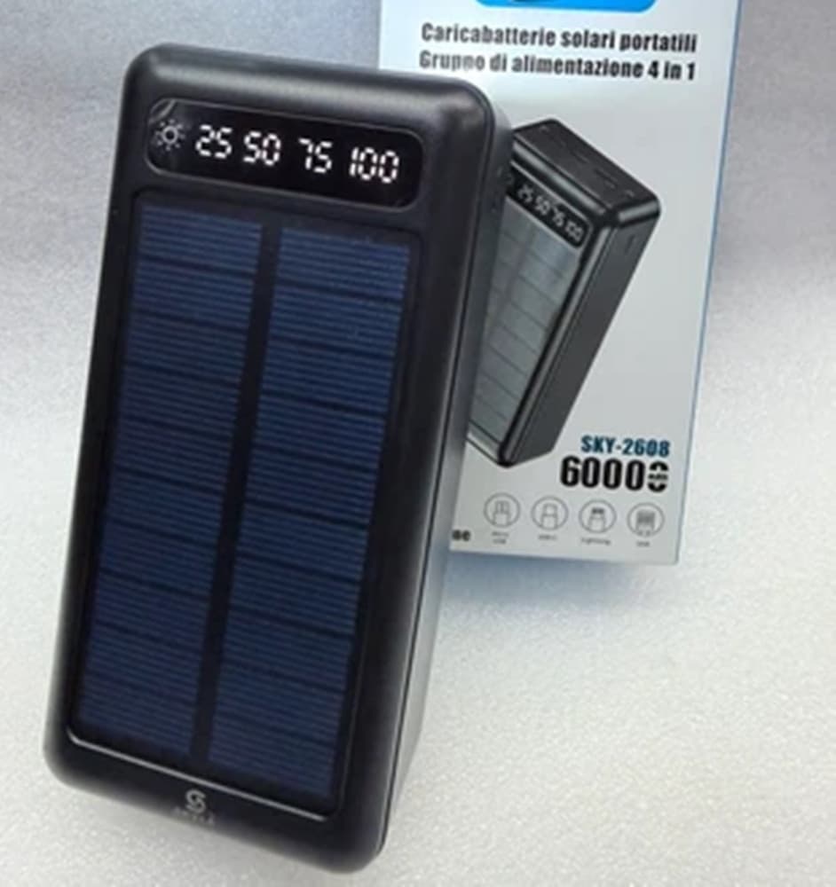 POWERBANK 4IN1 CARICABATTERIE SOLARE PORTATILE DISPLAY DIGITALE LED CAVI INTEGRATI SKY-2608 - 3