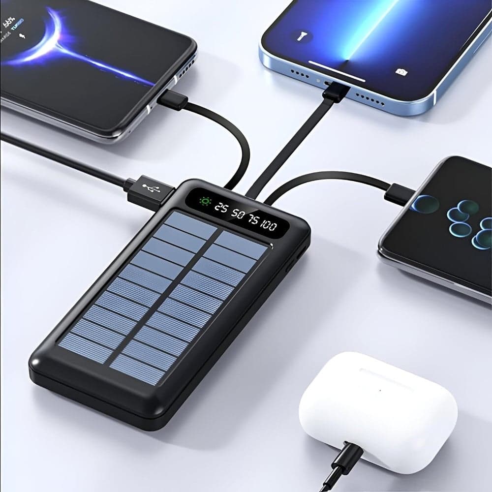 POWER BANK SOLARE 30000MAH CON 4 CAVI INTEGRATI TORCIA LED RICARICA RAPIDA 2.1A PORTATILE - 10
