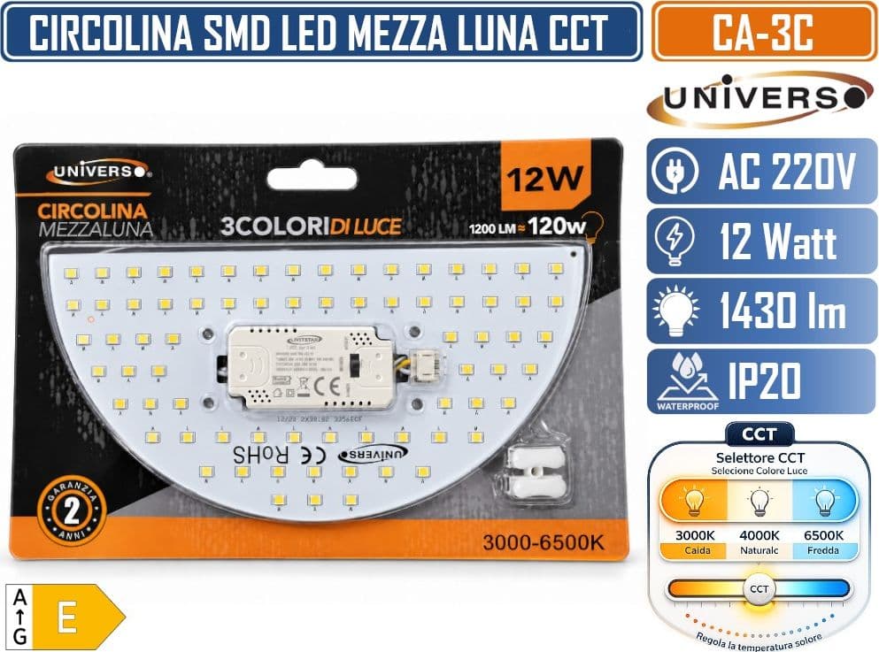 UNIVERSO CA-3C CIRCOLINA MAGNETICA LED SMD A MEZZALUNA 12W 1430 LUMEN CON SELETTORE CCT 3000K  4000K  6500K - 3