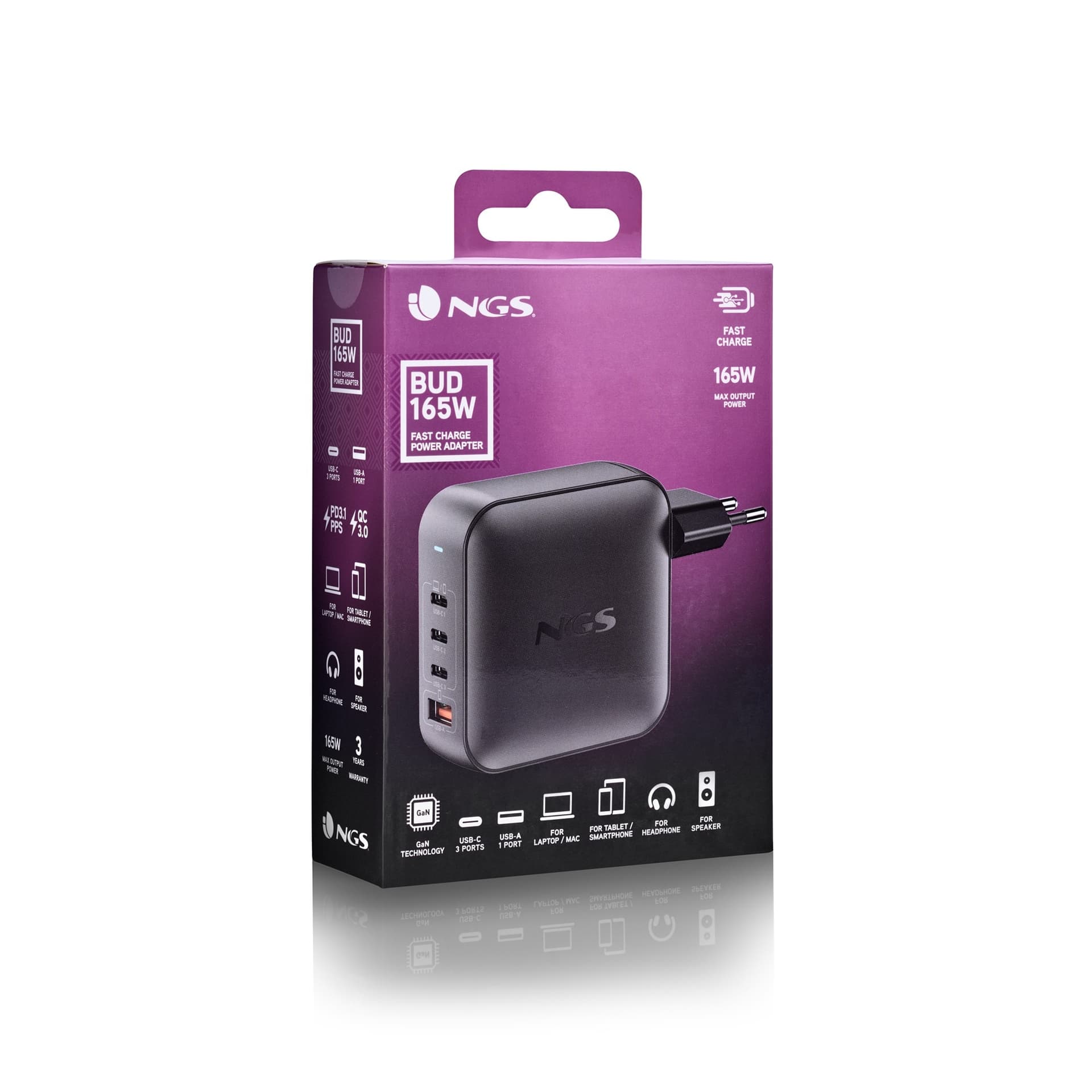 NGS Caricatore BUD 165W Ultraveloce 3/USB-C + 1/USB-A - 8