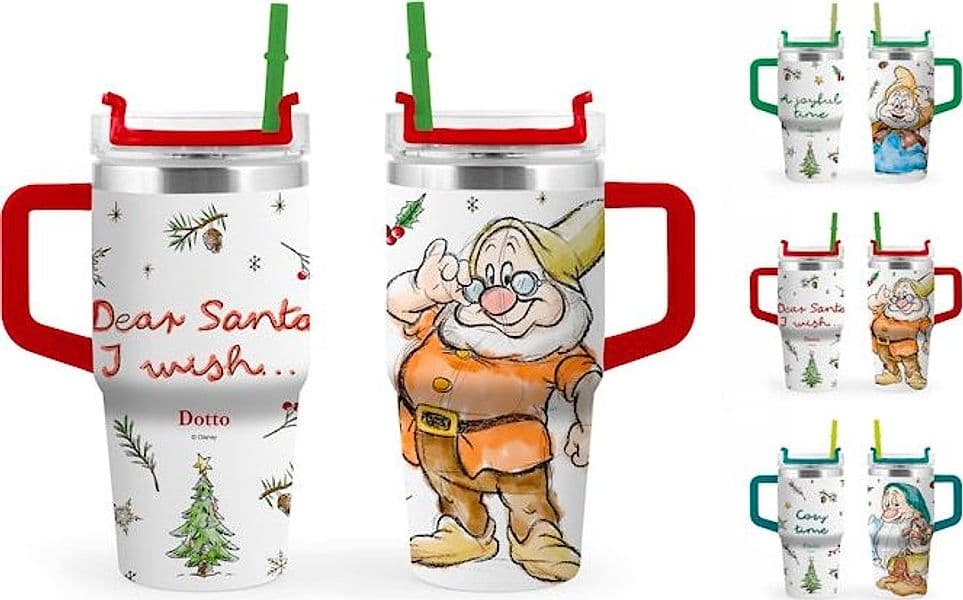 H&H Mug Termica Nano Dotto di Biancaneve in Acciaio Inox 600 ml, Tazza Termica Natalizia Rossa - 2