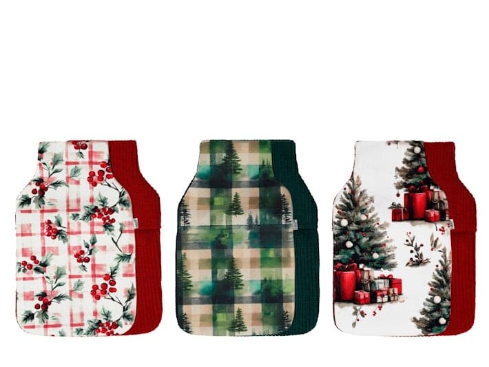 H&H Borsa Acqua Calda Warm Winter 1,8 Litri con Rivestimento in Pile Verde, Fantasia Alberi di Natale a Quadri - 2