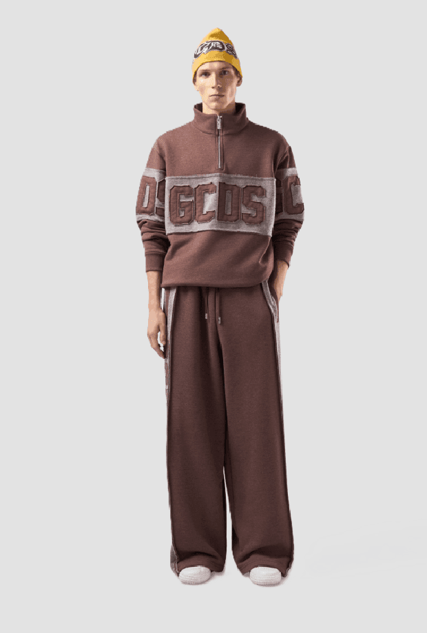 GCDS felpa mezza zip con logo uomo marrone - 2