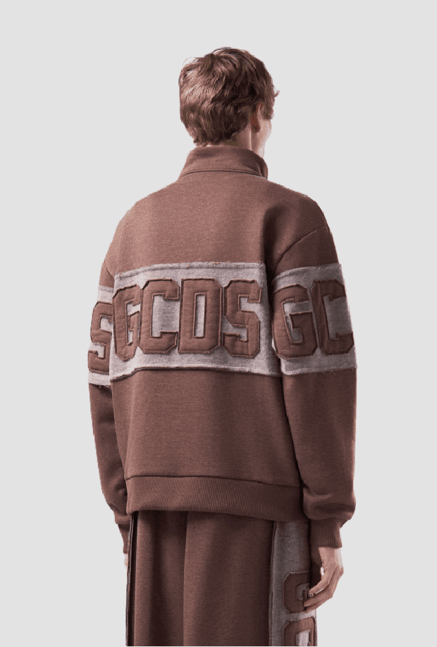 GCDS felpa mezza zip con logo uomo marrone - 3