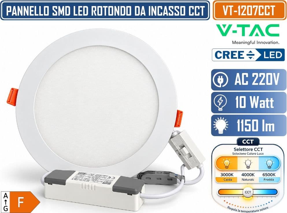 V-TAC VT-1207CCT MINI PANNELLO LED SMD ROTONDO DA INCASSO 12W CHIP CREE 1150 LUMEN CCT 3IN1 3000K 4000K 6500K LUCE SELEZIONABILE 120° Ø170MM BIANCO CON DRIVER INCLUSO - 2