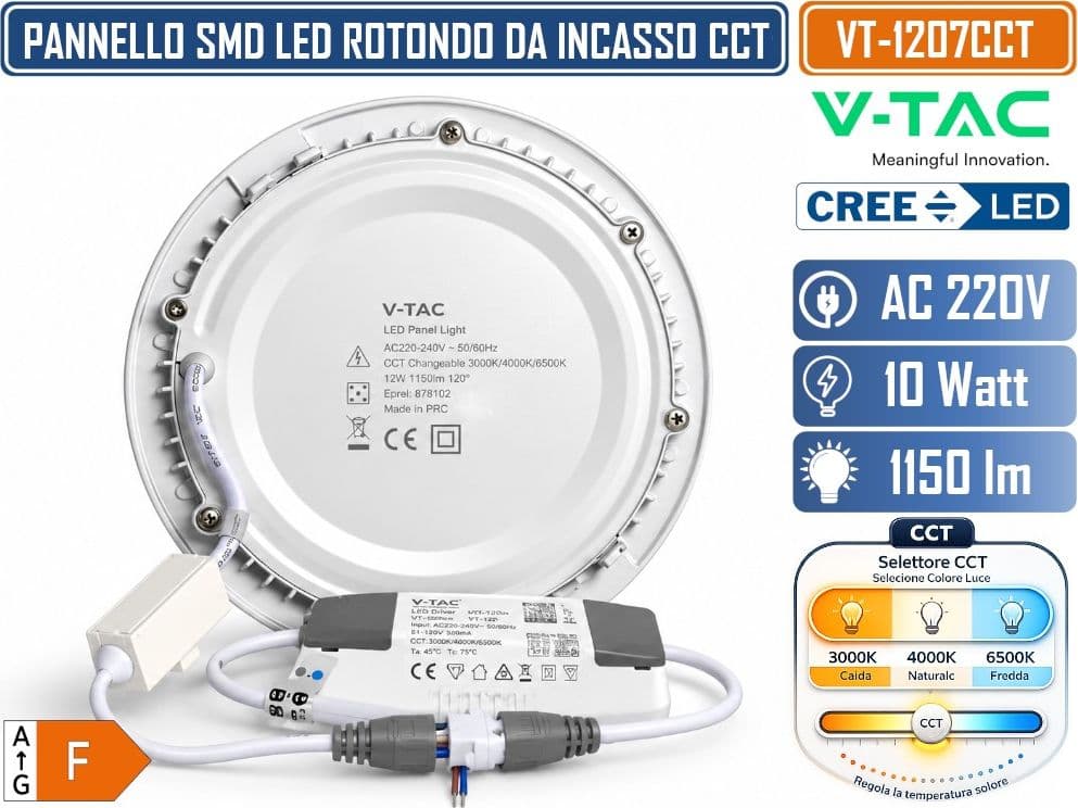 V-TAC VT-1207CCT MINI PANNELLO LED SMD ROTONDO DA INCASSO 12W CHIP CREE 1150 LUMEN CCT 3IN1 3000K 4000K 6500K LUCE SELEZIONABILE 120° Ø170MM BIANCO CON DRIVER INCLUSO - 3