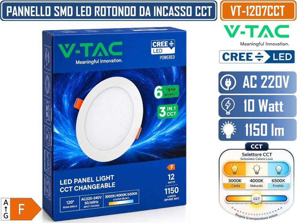 V-TAC VT-1207CCT MINI PANNELLO LED SMD ROTONDO DA INCASSO 12W CHIP CREE 1150 LUMEN CCT 3IN1 3000K 4000K 6500K LUCE SELEZIONABILE 120° Ø170MM BIANCO CON DRIVER INCLUSO - 4
