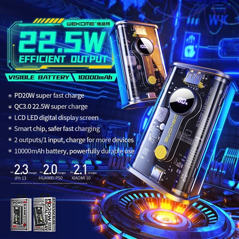 WEKOME WP-333 Vanguard Series - Power bank 10000 mAh Super Charging PD 20W + QC 22.5W (Black / Transparent) - 12