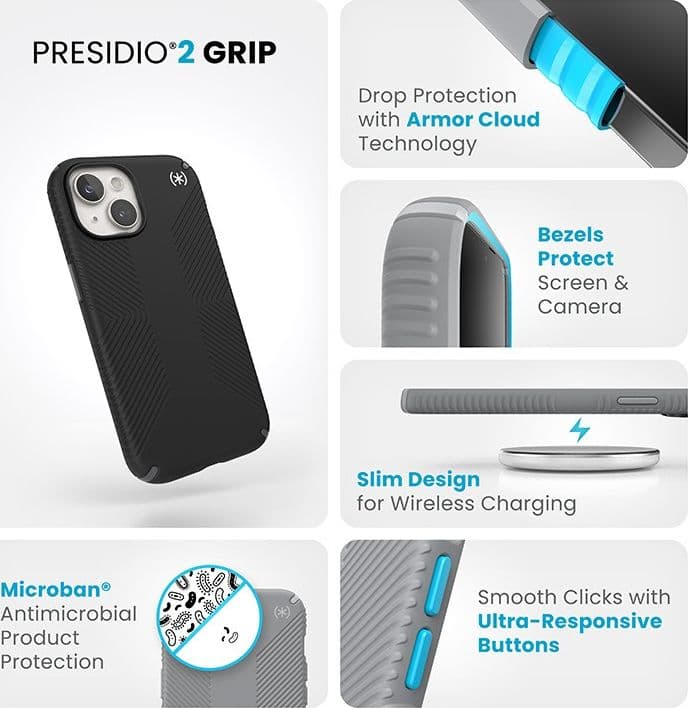 Speck Presidio2 Grip – Custodia per iPhone 17e / 16e / 15 / 14 / 13 (Nero / Grigio / Bianco) - 20