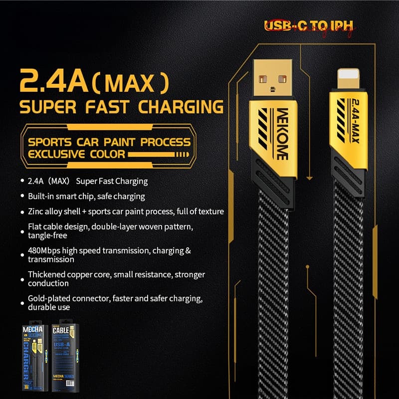 WEKOME WDC-190 Mecha Series - USB-A to Lightning Fast Charging Connection Cable 1 m (Yellow) - 2
