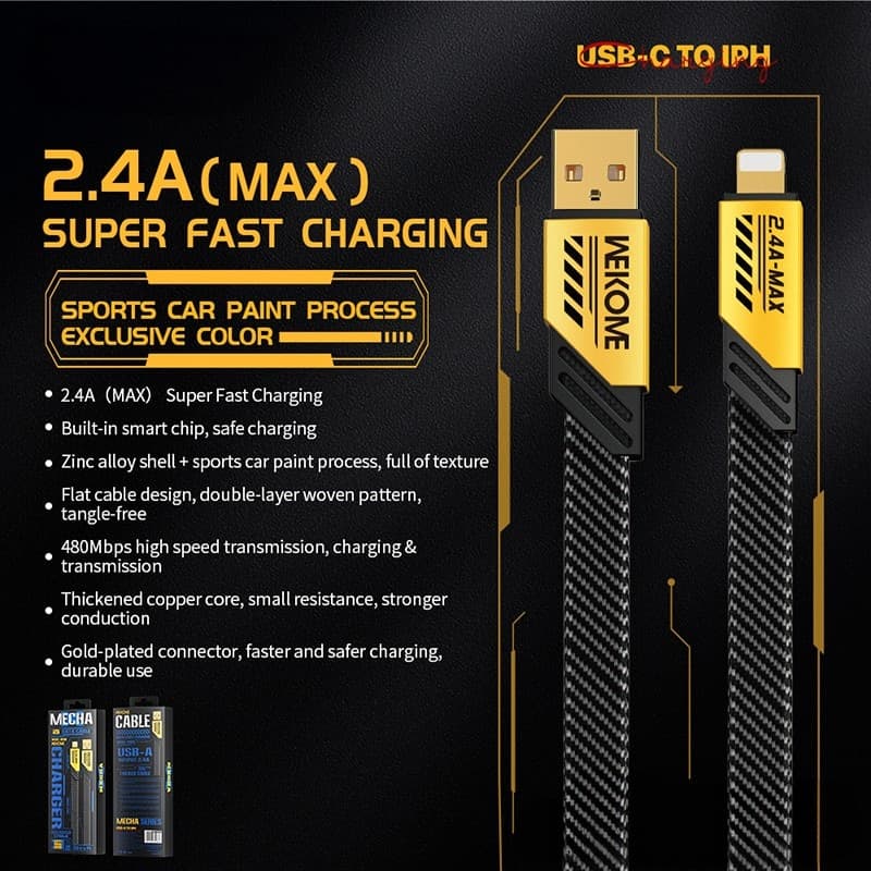 WEKOME WDC-190 Mecha Series - USB-A to Lightning Fast Charging Connection Cable 1 m (Yellow) - 5