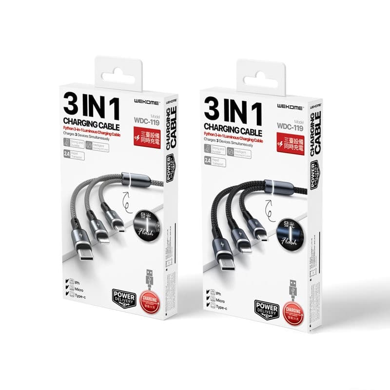 WEKOME WDC-119 Fython Series - 3-in-1 USB-A to Lightning + USB-C + Micro USB PD connection cable 1.2 m (Black) - 2