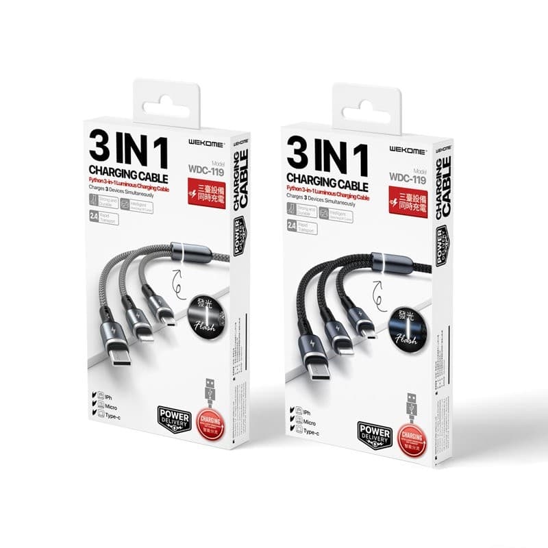 WEKOME WDC-119 Fython Series - 3-in-1 USB-A to Lightning + USB-C + Micro USB PD connection cable 1.2 m (Black) - 4